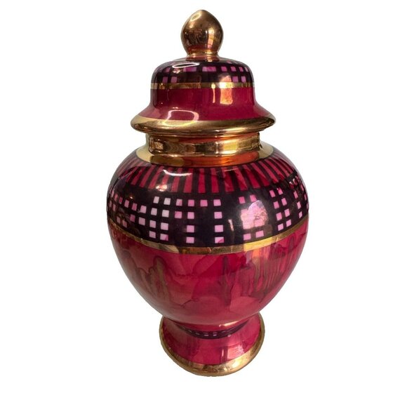 Tall Red & Black Urn Ginger Jar Gold Gild Trim Unknown Makers Mark on Bottom - Picture 2 of 11